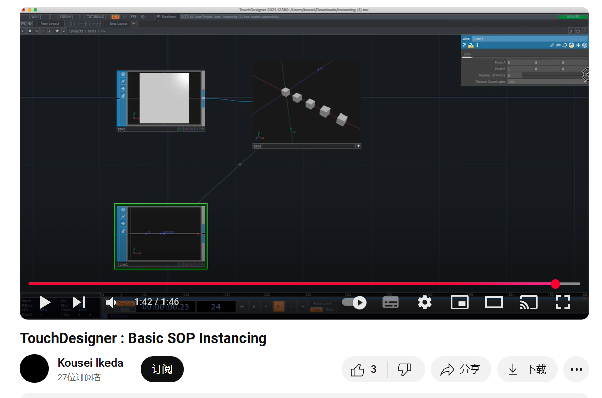 Learning Objective: Create 3D cubes with SOP components (Sphere SOP, Box SOP), use Transform SOP and Instance to make multiple cubes change at the same time, and make the position, size, and rotation of the cubes linked to the audio signal.